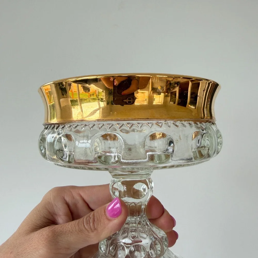 Indiana Glass Kings Thumbprint Gold Rim Goblets and Compote Set of 3 Vintage MCM